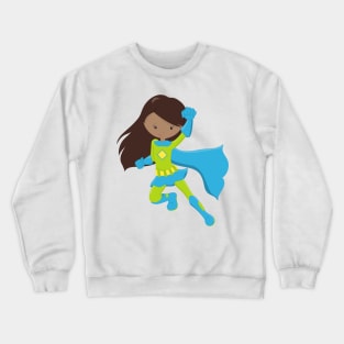 African American Girl, Superhero Girl, Blue Cape Crewneck Sweatshirt